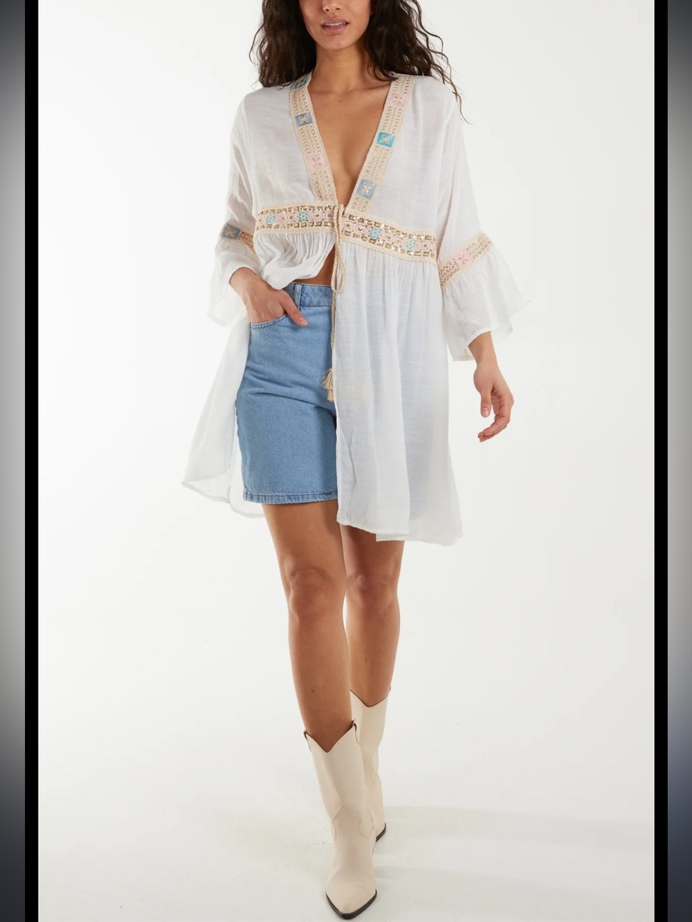 Nwt embroidery tassel sequins kimono tie front one size